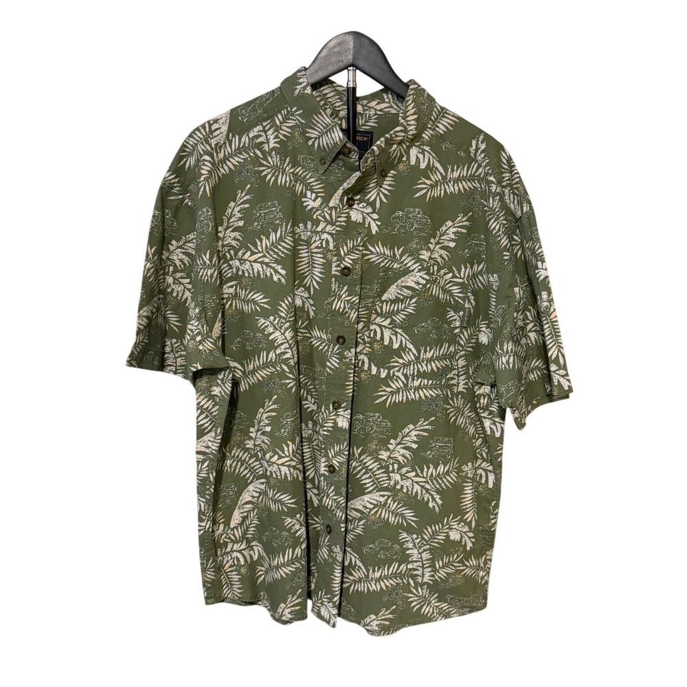 Woolrich Mens XL Palm Foliage Jeep Print Shirt Olive Green Cotton Short‎ Sleeve